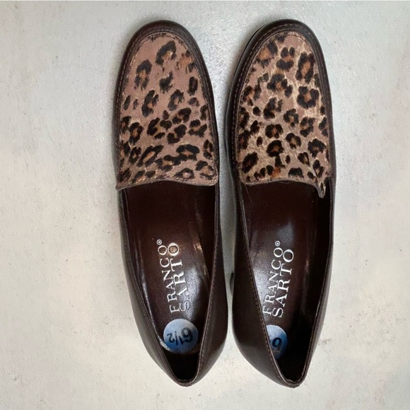 Franco Sarto brown leather animal print block heel loafers Sz 6.5 M Dressy - Picture 1 of 9